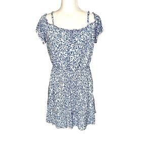 BCX Juniors Blue White Floral Adjustable Straps Lined Crochet Trim Dress